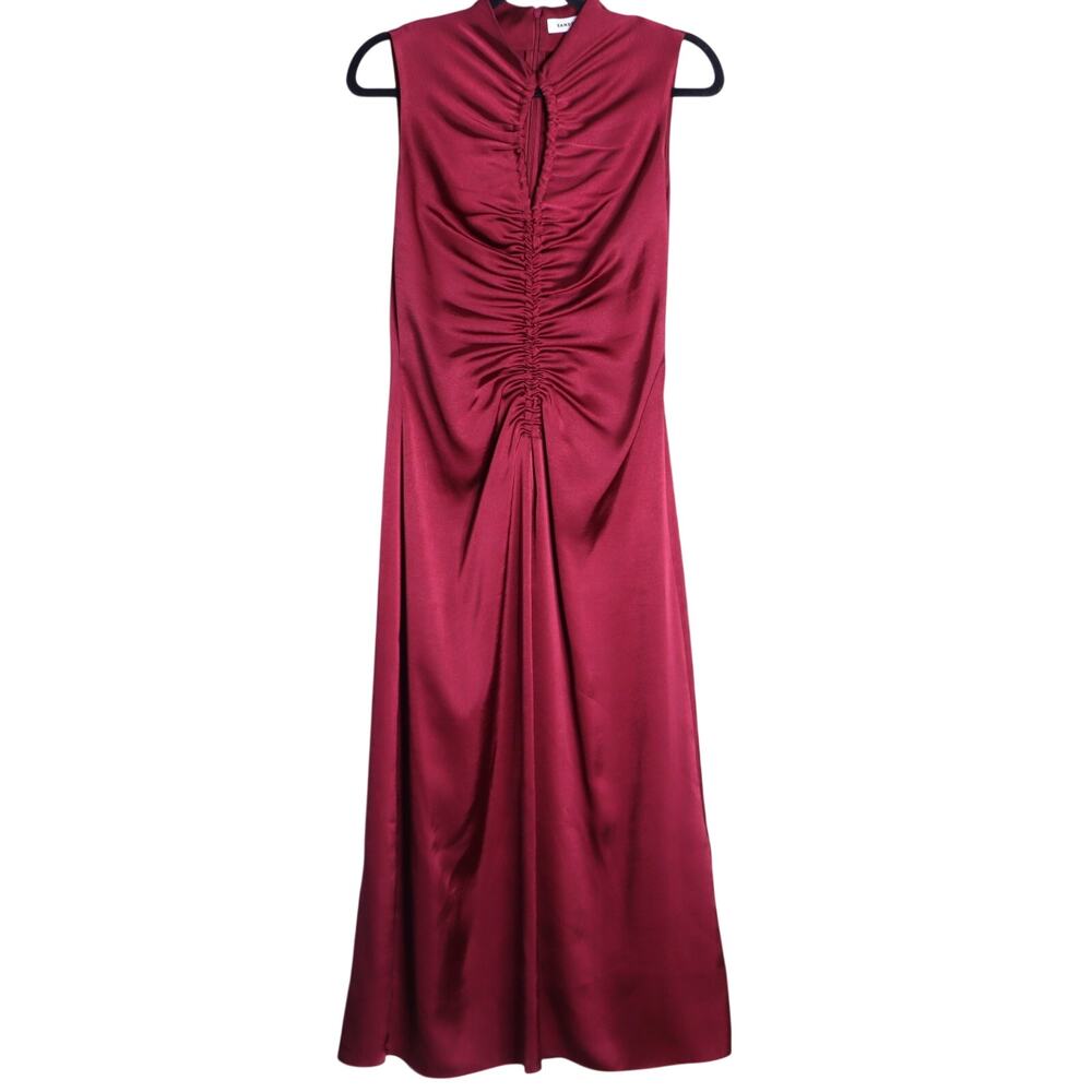 SANDRO Red Titanic Midi Dress Ruched Satin Bordeaux Sleeveless Women's 36/US 4 - Picture 2 of 11